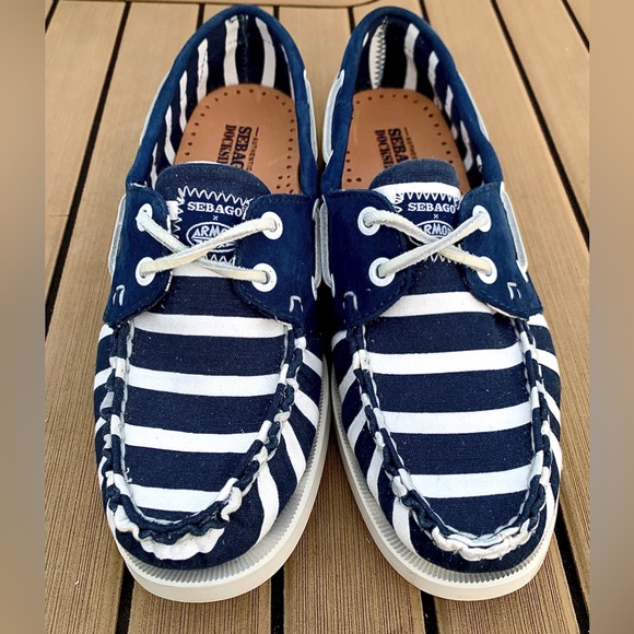Limited Edition Women’s 7 Sebago x Armor Lux Blue White Striped Dockside Loafers - Picture 2 of 16